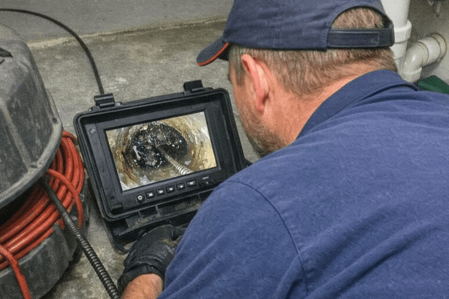 Techniker zeigt Inspektionskamera-Bild eines Rohrsystems mit Ablagerungen