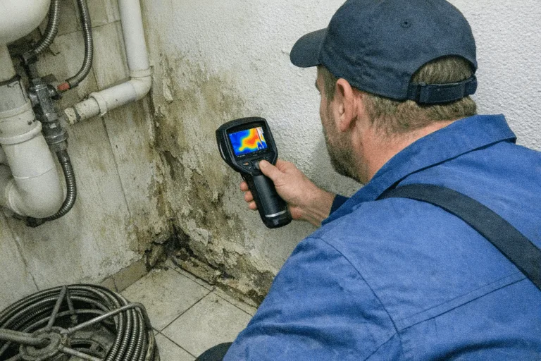 Techniker misst Feuchtigkeit an einer Wand und hält die Ergebnisse in einem Protokoll fest