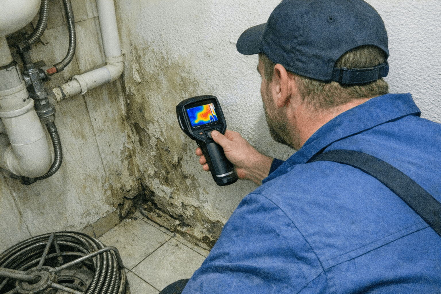 Techniker prüft Feuchtigkeit mit Messgerät an einer Wand im Badezimmer