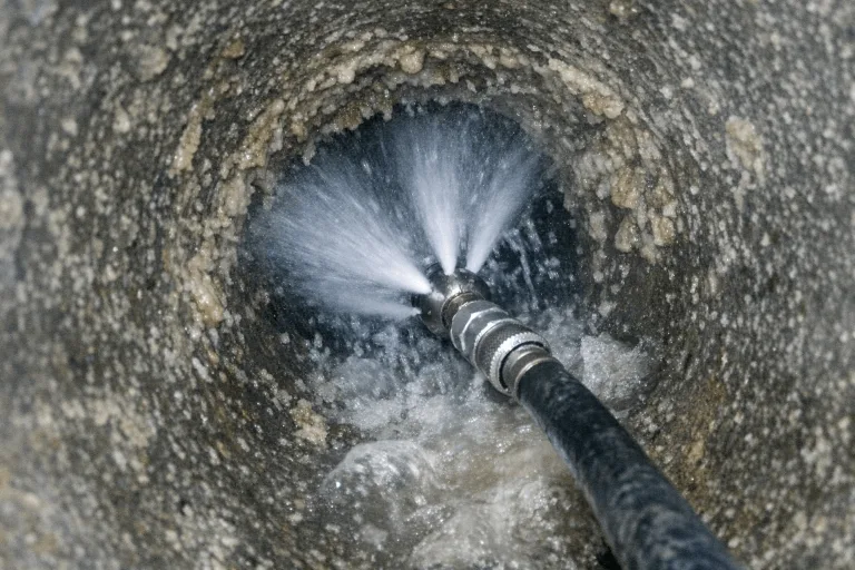 Hochdruckschlauch mit Düse wird in eine Revisionsöffnung eingeführt, Wasser spritzt kontrolliert ab