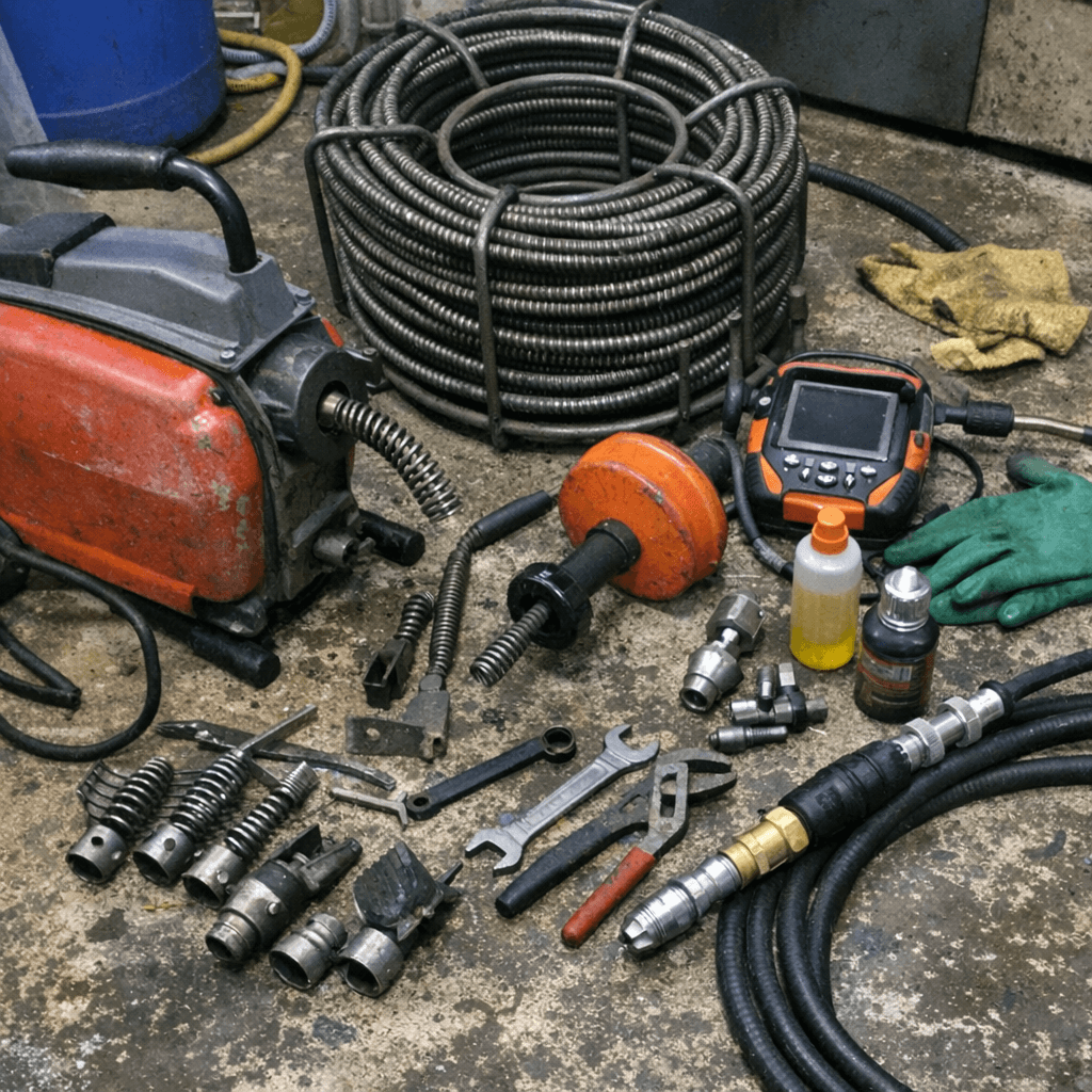 Werkzeugkoffer mit Kamera, Spirale, Schutzbrille und Düsenaufsätzen liegt ordentlich bereit