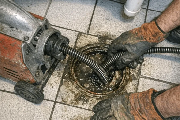 Handschuhe und Schutzfolie: Techniker führt eine Rohrspirale kontrolliert in den WC-Abgang ein