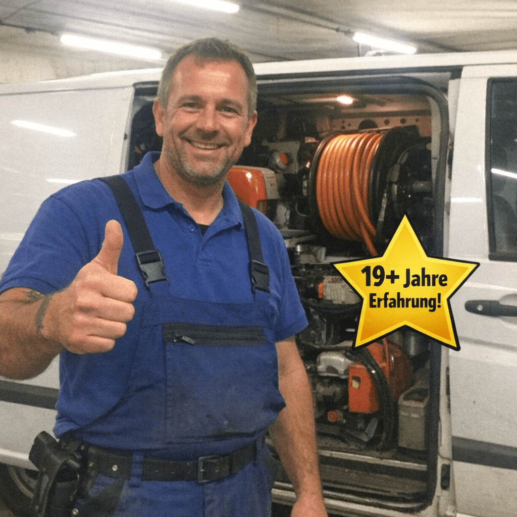 Ein Sanitärtechniker lädt Spiralen und Düsen aus dem Transporter mit der Aufschrift „Rohrreiniger Toilette verstopft Brechten“ vor einem Mehrfamilienhaus ab