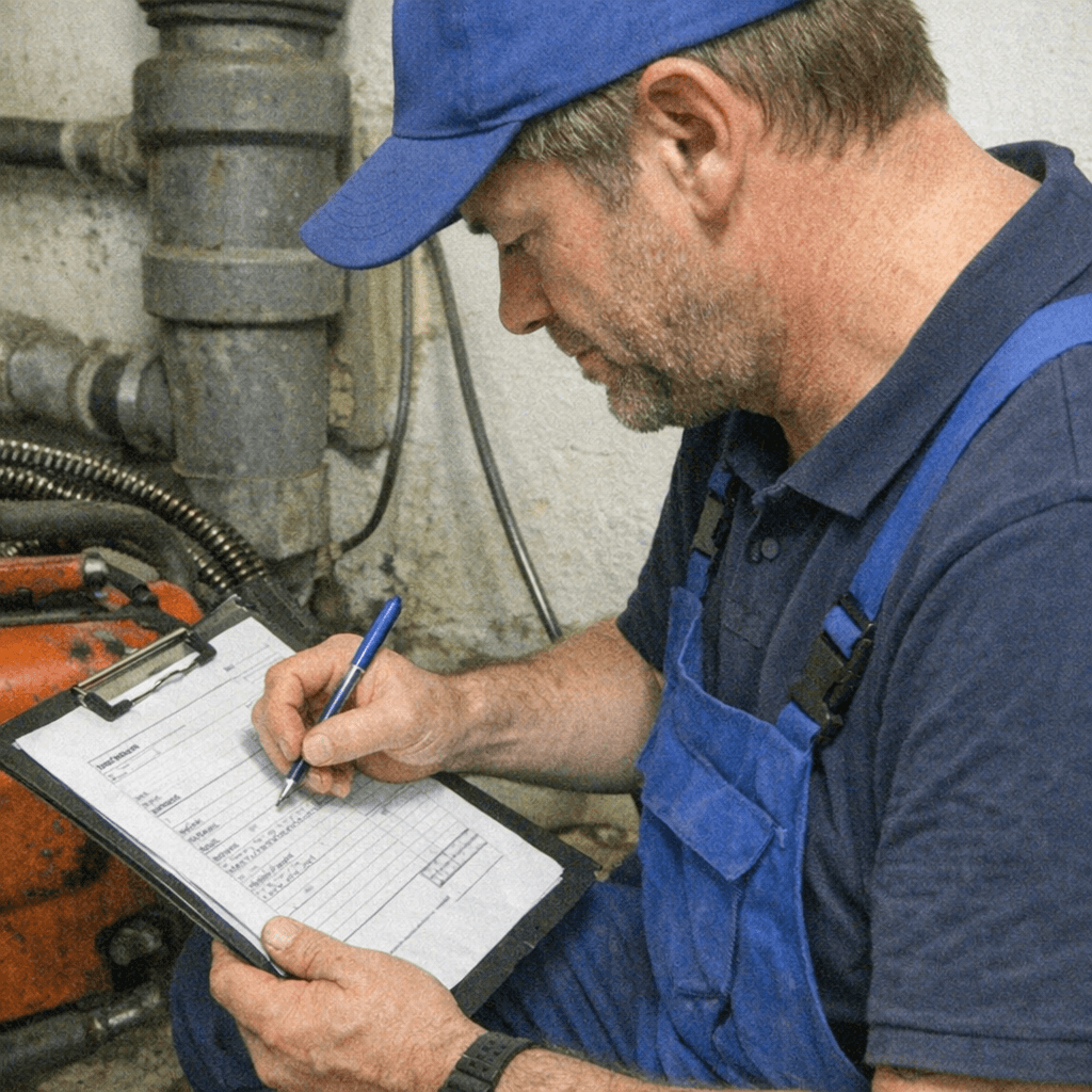 Techniker kontrolliert nach der Reinigung den Wasserabfluss im WC und füllt den Arbeitsbericht auf einem Klemmbrett aus